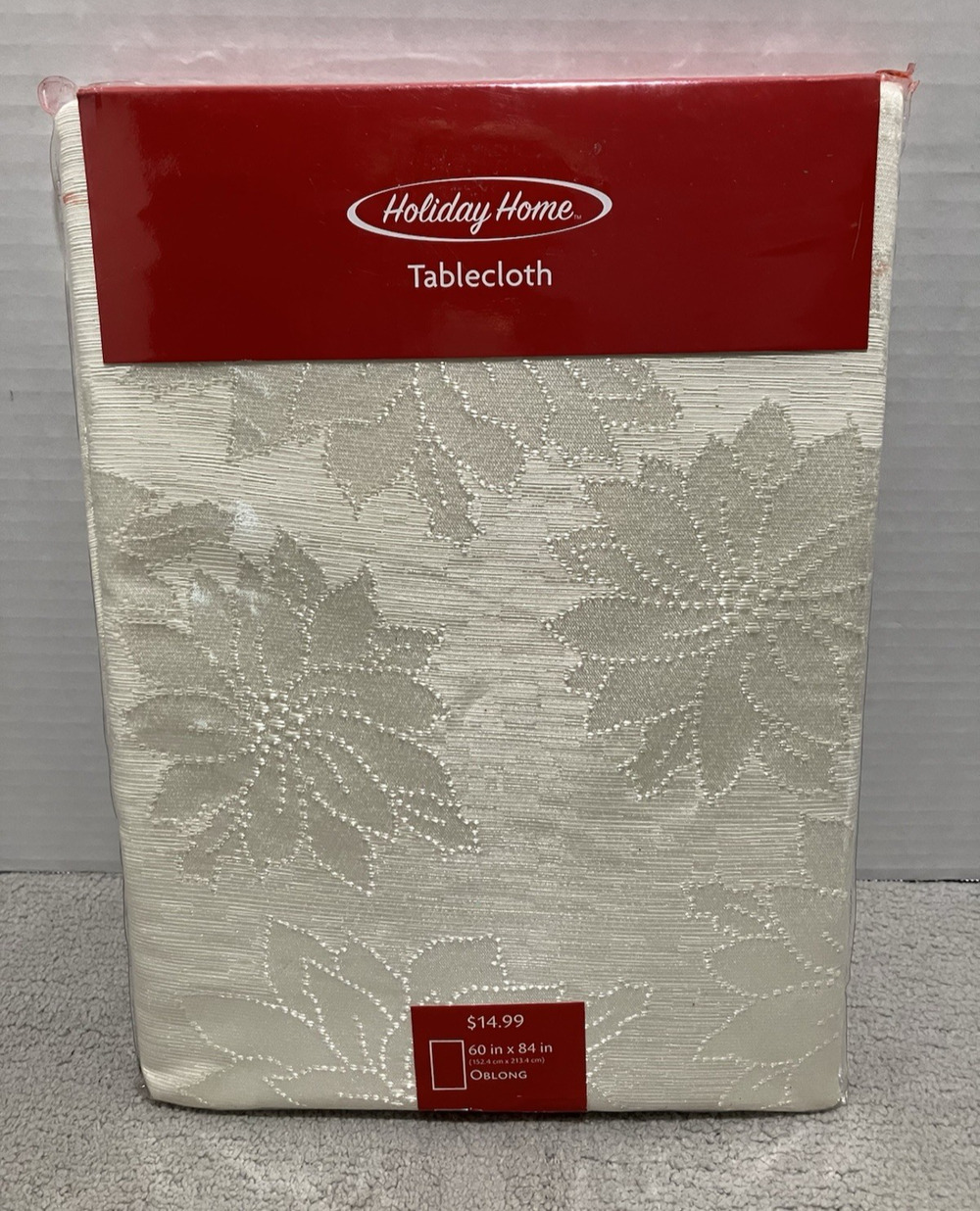 Holiday Home Christmas Tablecloth Ivory Poinsettia 60 x 84 Oblong NEW